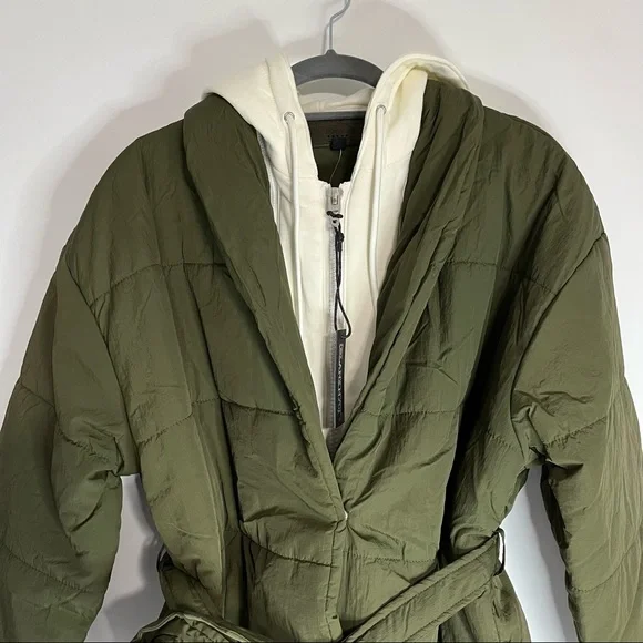 25) NWT BLANK NYC Olive Green & Cream Hooded Quilted Tie Waist Puffer Jacket MED - Picture 8 of 14